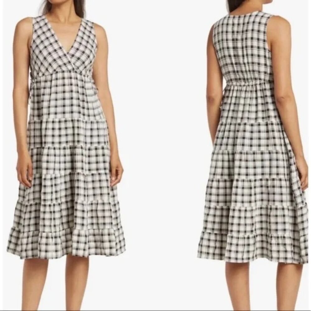 Max Studio V-Neck Tiered Midi Dress Gingham